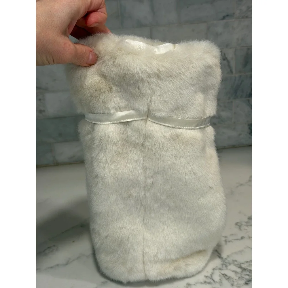 Pottery Barn Faux Fur Wine Bag Ivory Cream‎ Gift Wrap Satin Ribbon NWT